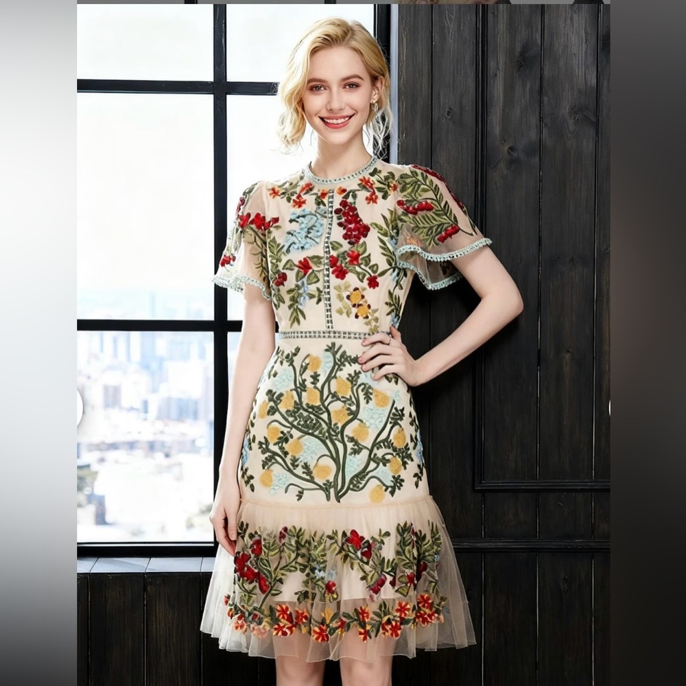 Floral Embroidered Mesh Dress Romantic Garden Party Boho NWT